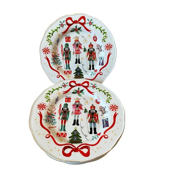 Christmas NUTCRACKER RED BOW Dinner Plates 11" Ceramic Set of 5 Dwell Essentials - Picture 9 of 14
